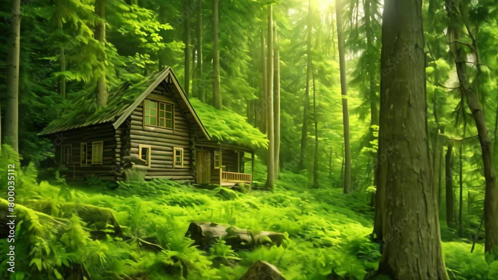 Capture the tranquility of a peaceful forest as a small cabin blends seamlessly with nature, A cozy cabin in a lush green forest Capture the tranquility of a peaceful forest as a small cabin blends seamlessly with nature, A cozy cabin in a lush green forest