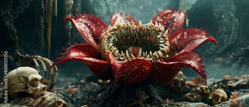 A massive, orchid-like flower opening wide to reveal rows of sharp teeth, surrounded by a ring of bones from previous victims photo
