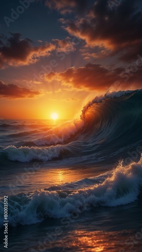 Beautiful sunset over sea with ocean wave and evening cloud sky