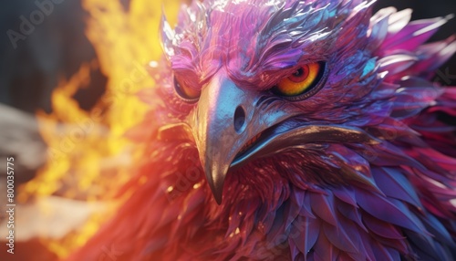 A phoenix with iridescent feathers and glowing red eyes stares at the camera. photo
