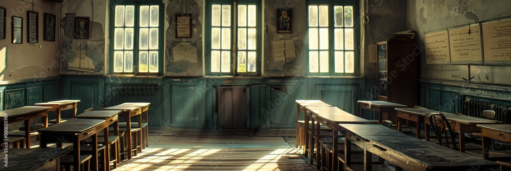 A room crammed with numerous wooden desks in varied sizes and styles, creating a cluttered and functional workspace A room crammed with numerous wooden desks in varied sizes and styles, creating a cluttered and functional workspace