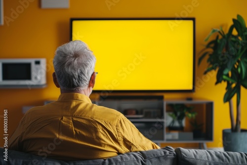 Application mockup caucasian man in his 50s in front of an smart-tv with an entirely yellow screen