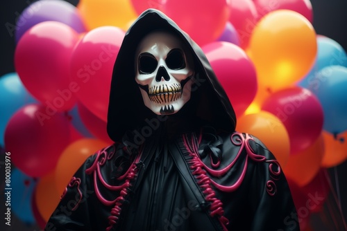 A skeleton wearing a black robe and a skull mask is standing in front of a bunch of colorful balloons.