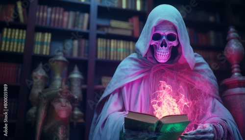 A skeleton in a white robe is reading a book. The book is glowing pink and the skeleton's eyes are glowing blue. The skeleton is in a library surrounded by bookshelves.