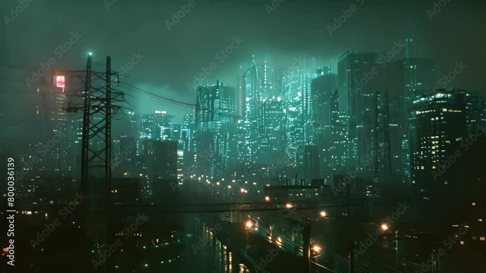 A city at night, rain falling down, illuminated by the glow of ...