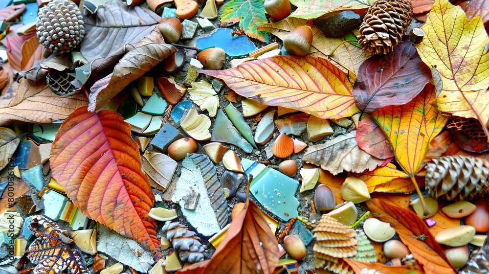 Autumn abundance: a close-up view of colorful leaves and acorns on the forest floor