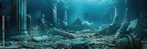 A scene of a destroyed building resting on the ocean floor, surrounded by murky water and marine debris photo
