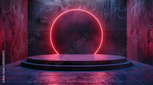 Pink neon light product background stage or podium pedestal on grunge street floor with glow spotlight and blank display platform. 3D rendering.