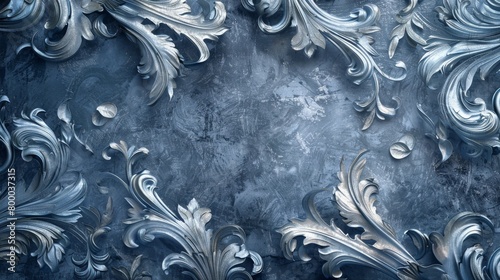 An elaborate rococo pattern with intricate swirls and curls in faded sapphire and silver photo