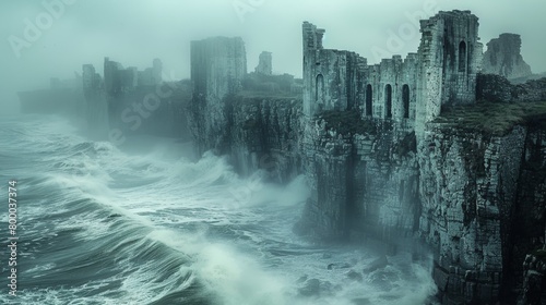 Mysterious ancient ruins on a misty coastline with crashing waves © Yusif