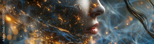 A womans face is engulfed by flames and smoke, creating a dramatic and intense scene