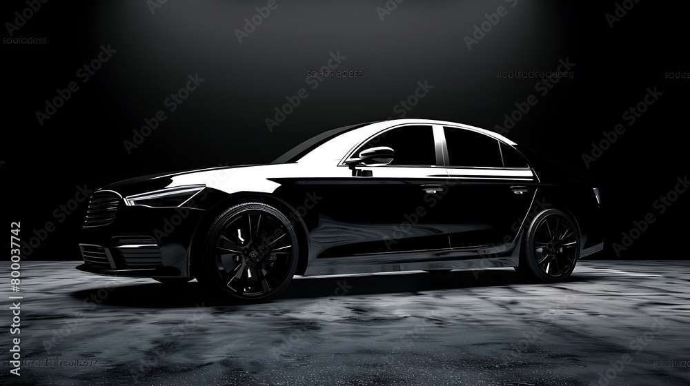 black metallic sedan car in spotlight. Modern desing, brandless.