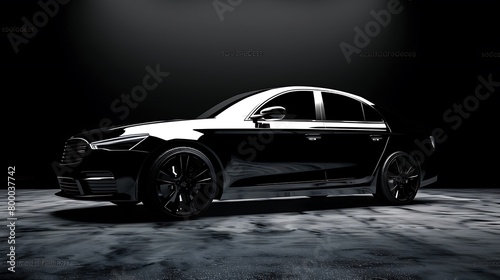 black metallic sedan car in spotlight. Modern desing  brandless.
