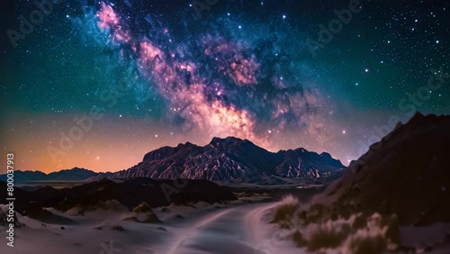 A serene dirt road cutting through the vast desert landscape under a clear blue sky, A desert at night with a vivid Milky Way tableaux spread across the sky photo
