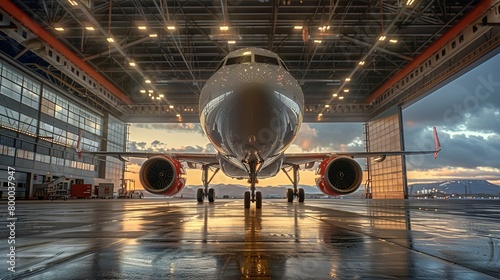 An aircraft parked in the hangar. Luxury tourism and business travel transportation concept. Commercial aircraft in hangar