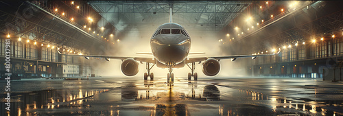 An aircraft parked in the hangar. Luxury tourism and business travel transportation concept. Commercial aircraft in hangar