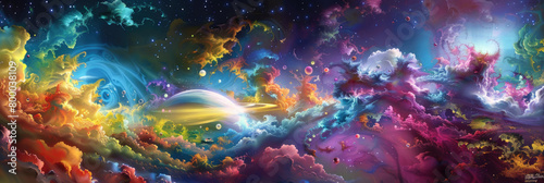 A painting depicting vibrant clouds and various planets floating in a celestial sky