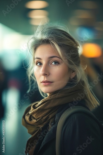 A woman with a scarf on her head and a backpack on her back. She is looking at the camera