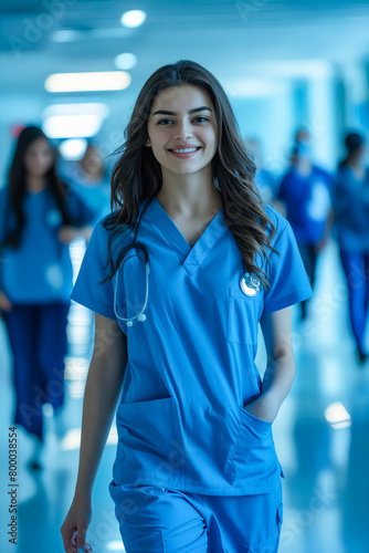 A woman in a blue scrubs is smiling and walking down a hallway. There are other people in the hallway, some of them wearing masks