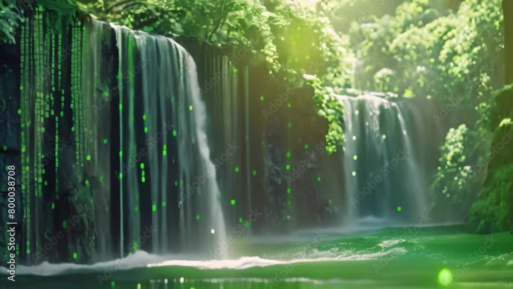 Witness the awe-inspiring sight of a magnificent waterfall as a stream of crystal-clear water gracefully cascades down its rocky surface, A digital binary waterfall cascading down Witness the awe-inspiring sight of a magnificent waterfall as a stream of crystal-clear water gracefully cascades down its rocky surface, A digital binary waterfall cascading down