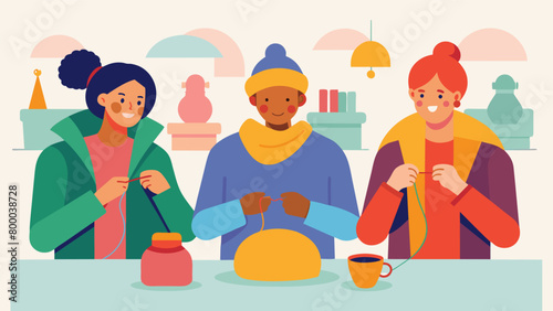 The sound of clicking needles and friendly chatter fills the room as the knitting circle creates freedomthemed scarves to donate to veterans.. Vector illustration