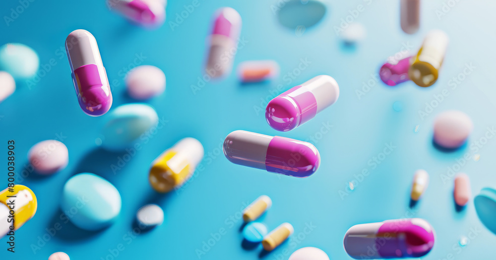 colorful pills and capsules flying on a blue background. colorful pills and capsules flying on a blue background.