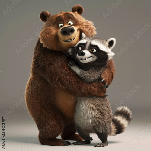 Cute cartoon characters bear and raccoon. A bear hugs a cute raccoon. Friendship and love. Generative AI