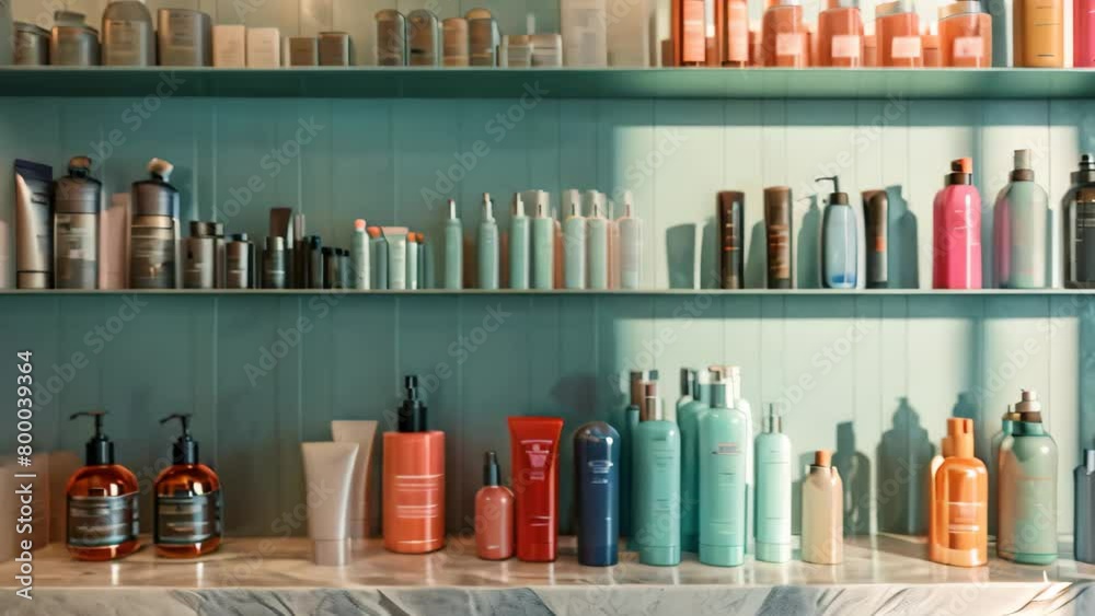 A variety of hair products displayed on a countertop, A digital rendering of Varied hair styling products on a salon counter A variety of hair products displayed on a countertop, A digital rendering of Varied hair styling products on a salon counter