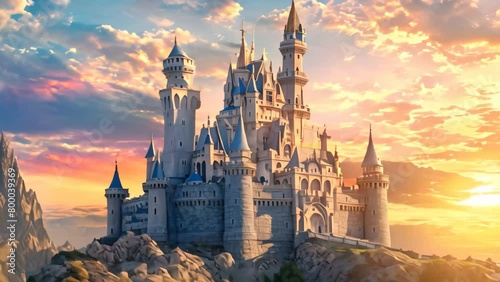 A magnificent castle perched on a hill, basking in the ethereal glow of a breathtaking sunset, A fairy tale-like castle against a sunset sky on a summer evening photo