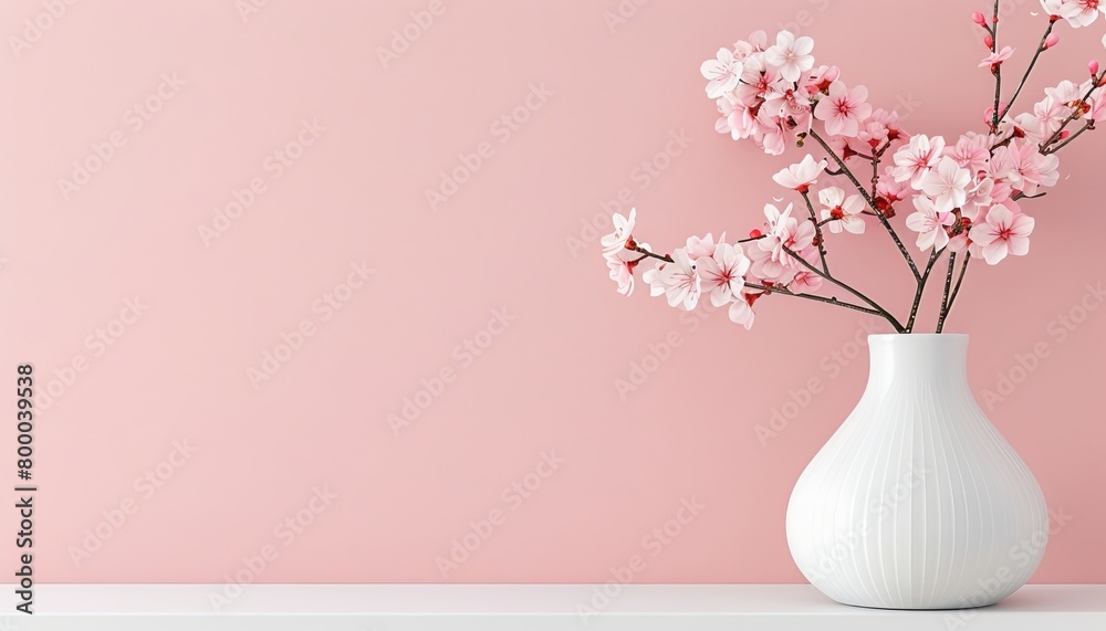 Stylish pink cherry blossoms in white vase on soft pastel background with ample space for text