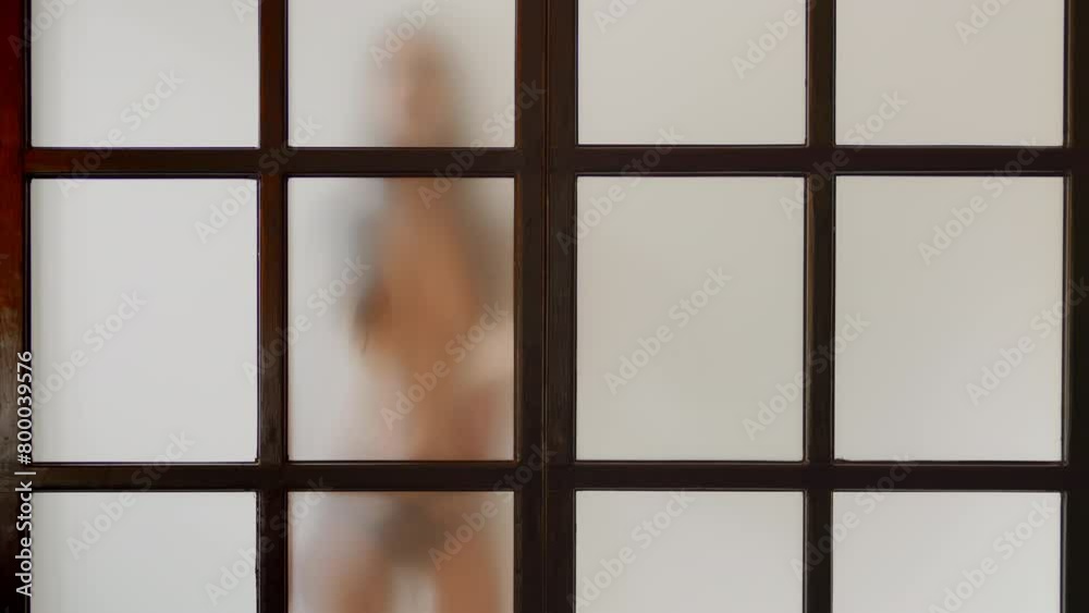 Young slim model moves behind matt glass. Unrecognisable seductive woman touches and shows herself to camera, flexible lady, perfect body, only silhouette, white BG. Slow motion HQ 4k footage, loop Young slim model moves behind matt glass. Unrecognisable seductive woman touches and shows herself to camera, flexible lady, perfect body, only silhouette, white BG. Slow motion HQ 4k footage, loop
