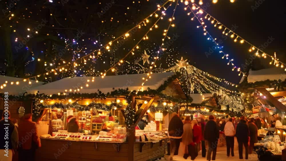 A crowd of people gathered together at a bustling Christmas market filled with festive decorations and food stalls, A festive Christmas market illuminated with fairy lights A crowd of people gathered together at a bustling Christmas market filled with festive decorations and food stalls, A festive Christmas market illuminated with fairy lights