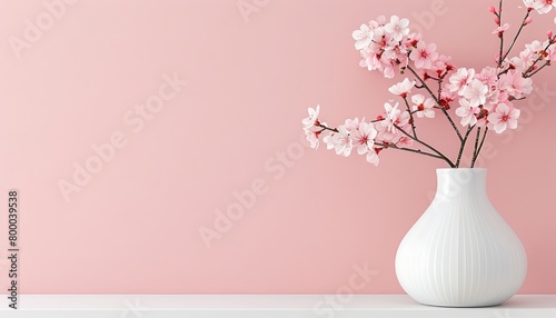 Stylish pink cherry blossoms in white vase on soft pastel background with ample space for text