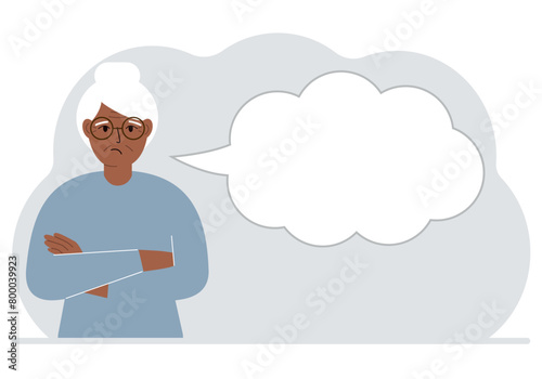 Woman arms crossed next to big bubble of thoughts. Place for text. Vector flat illustration