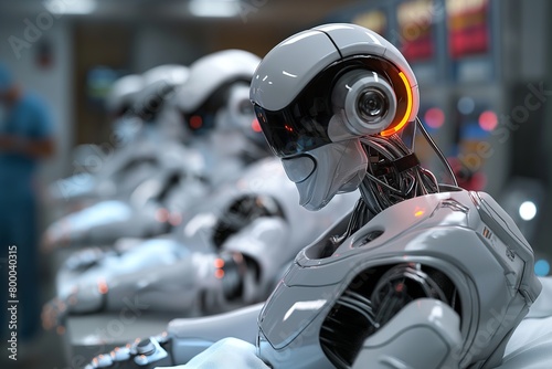 Row of Humanoid Robots Awaiting Activation