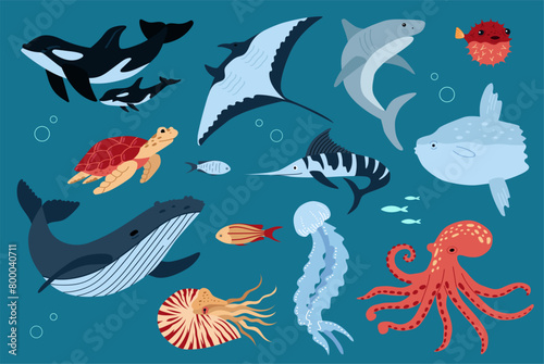 Fish and wild marine animals are isolated on white background. Inhabitants of the sea world. Cute underwater creatures. 