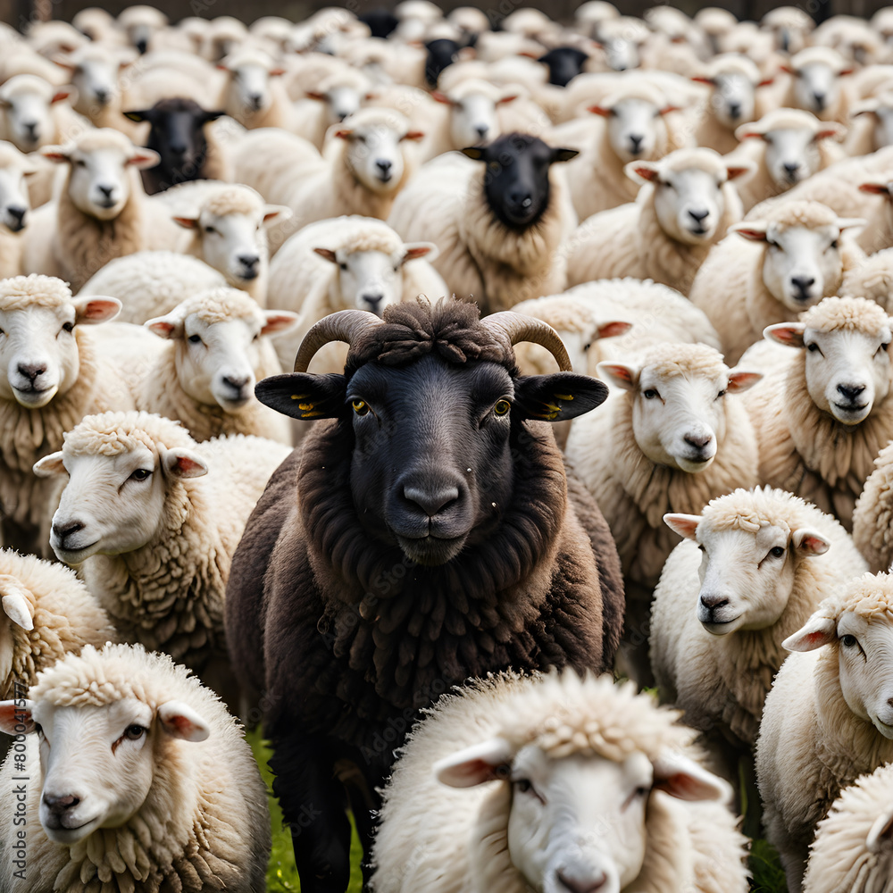 Fluffy black sheep stands in front of herd of white sheep Fluffy black sheep stands in front of herd of white sheep