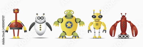 Set of cute vector robot characters for kids. 5 funny vintage style robotics