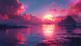 background image, sun reflected on the rippling surface  sea, pink clouds, with many mountainous islands, wide 16:9