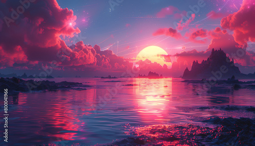 background image, sun reflected on the rippling surface  sea, pink clouds, with many mountainous islands, wide 16:9 photo