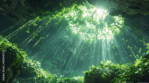 Enchanted Forest Scenery with Sunbeams and Lush Greenery in a Secluded Cave