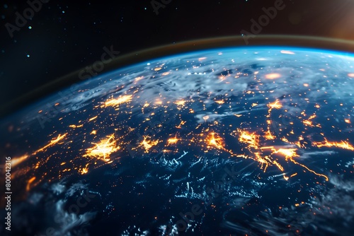 City lights from space against Earth's night surface, a stark contrast to the dark blues of the ocean and the subtle glow of the atmosphere at the edge of space
