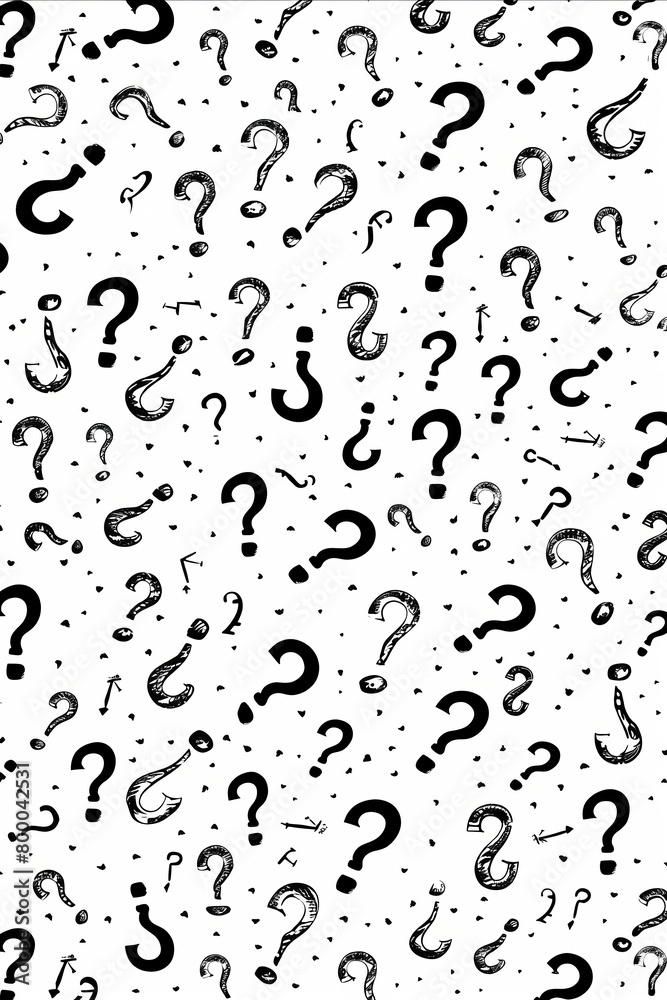 A pattern of black and white questions is printed on a white background. The questions are scattered throughout the image, with some overlapping and others standing alone. Scene is one of curiosity
