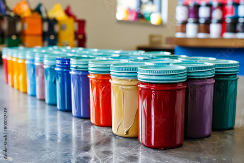 Row of colorful paint jars on table.