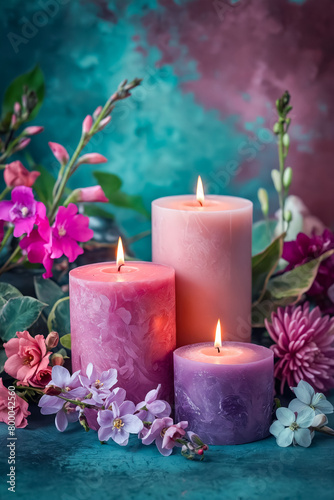 Three candles are lit and placed on a table with flowers. The candles are pink and purple  and the flowers are pink and white. The scene creates a warm and inviting atmosphere