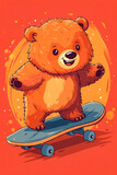 A cartoon bear is riding a skateboard. The bear is smiling and he is having fun. The image has a playful and lighthearted mood