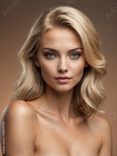 plain bronze background close-up portrait portrait of blonde beautiful woman from Generative AI