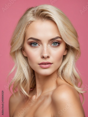 plain colorful background close-up portrait portrait of blonde beautiful woman from Generative AI