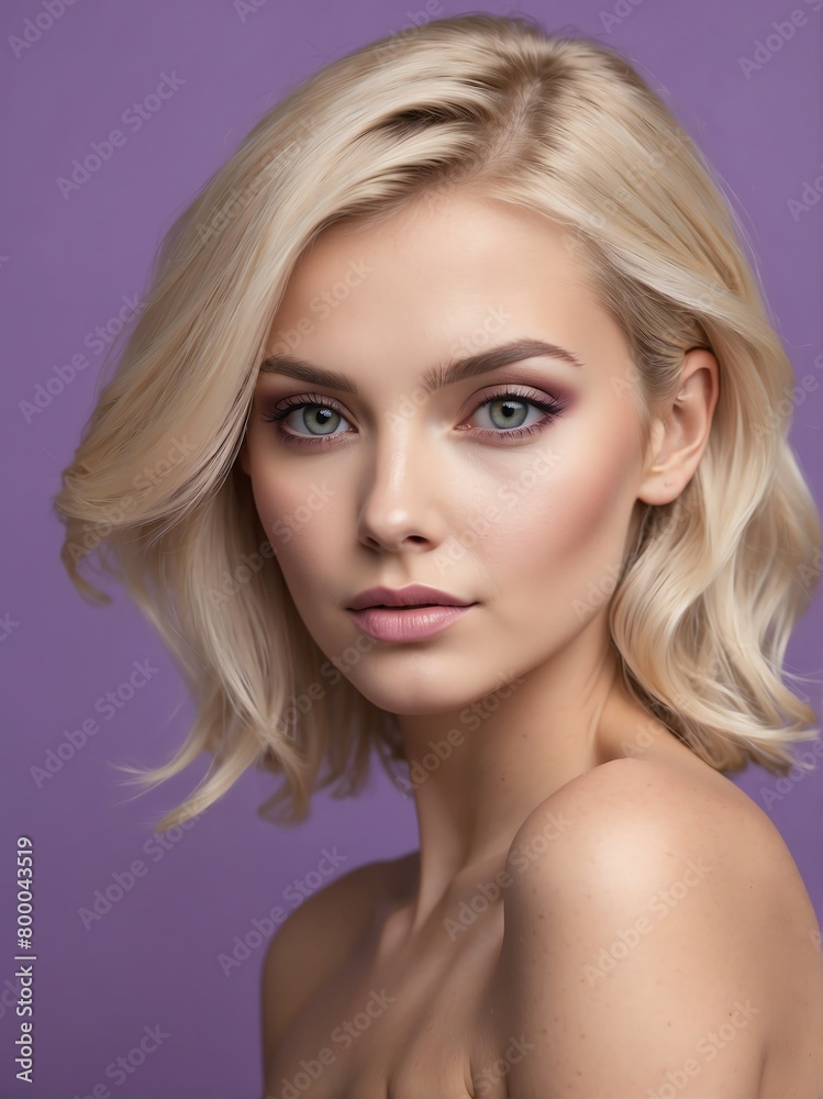 plain purple background close-up portrait portrait of blonde beautiful woman from Generative AI