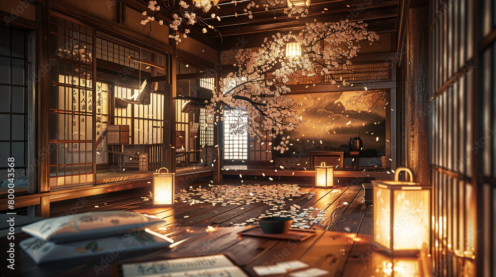 In an ancient Edo period library, scrolls and ink pots float mid-air ...